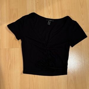 Forever 21 Black Short-Sleeve Ruched V-Neck Crop Top